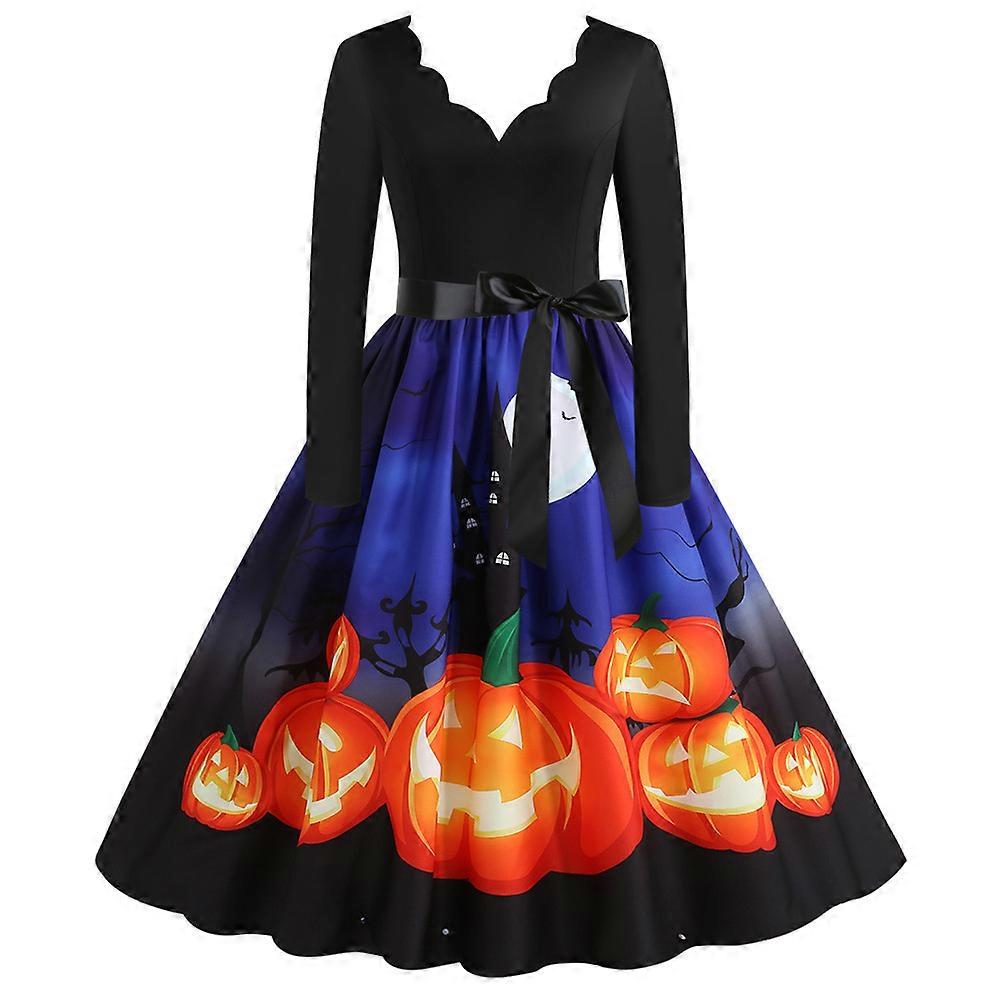 Womens Fall Dresses Pumpkin Bat Print Halloween Costume