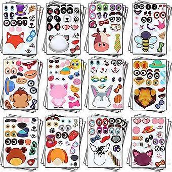 12sheets Children Diy Puzzle Sticker Games 12 Animals Face Funny Assemble Jigsaw Stickers Kids Educational Toys Boys Girls Gifts