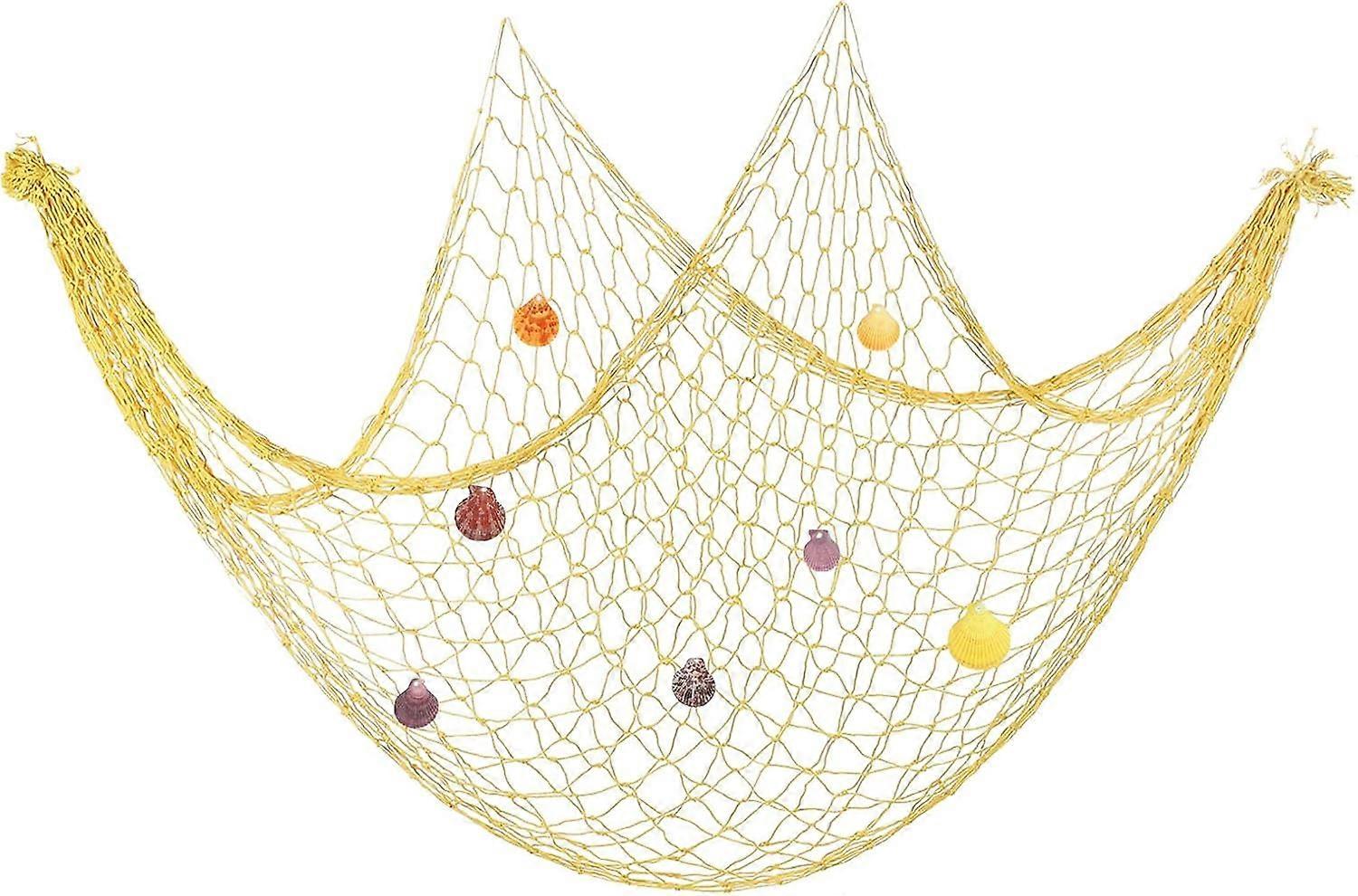 Fishing Net Decor, 80" x 40" ,Mediterranean Style ,Photographing Decoration ,with Sea Shells for Home Bedroom, Light Yellow