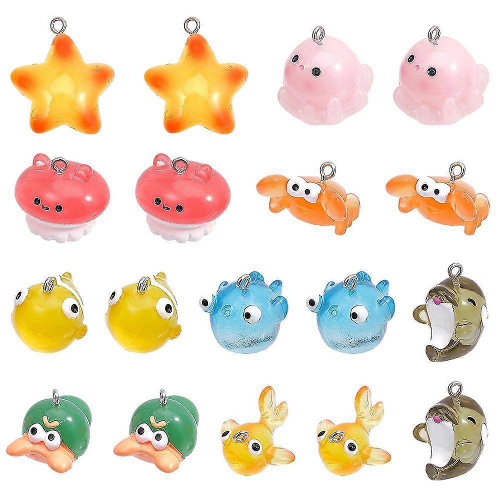 18Pcs 9 Styles Marine Series Translucent Resin Pendants with Platinum Plated Iron Loops Mixed Shapes Mixed Color 15~21x15~22x9~24mm Hole: 2mm 2pcs/sty