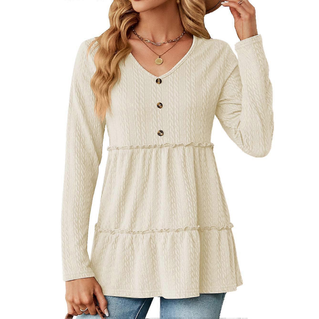 Spring and Autumn Women's Blouse V-neck Solid Color Button Patchwork Long Sleeve Loose Top