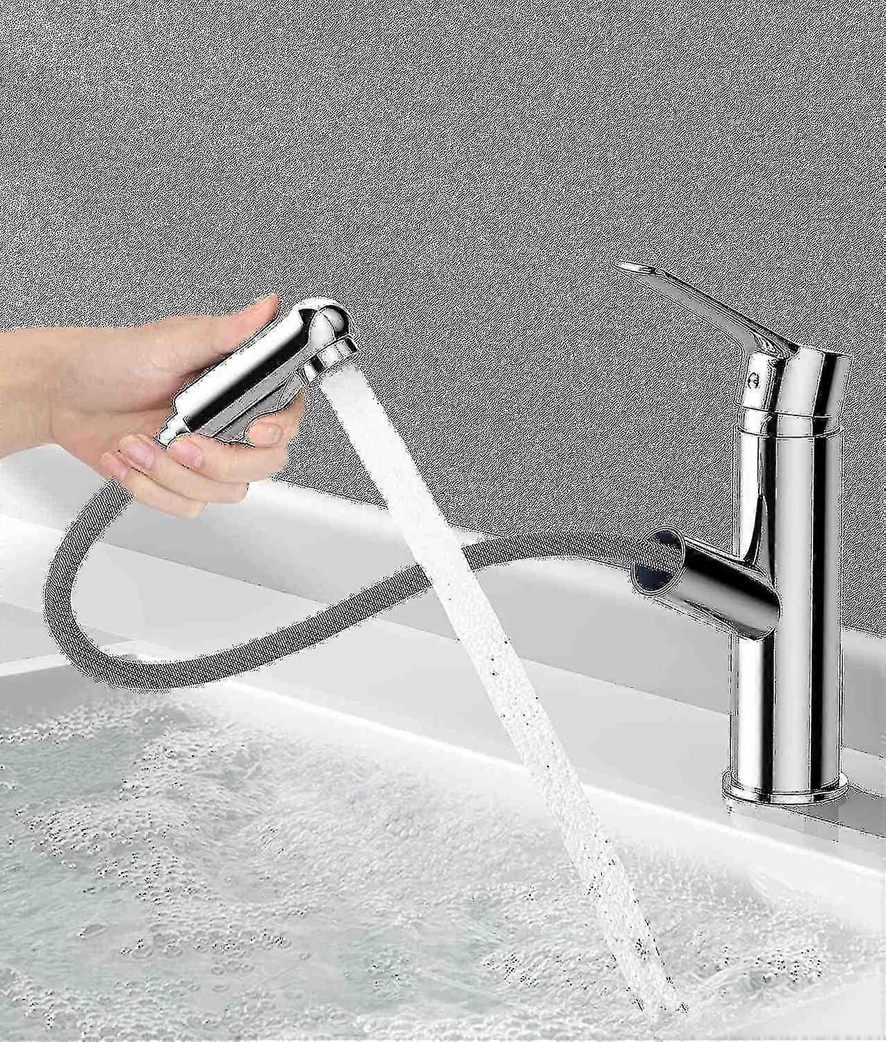 Brass Modern Bathroom Mixer Tap with Pull-Out Spray, Water-Saving Design for Countertop Basin Sink