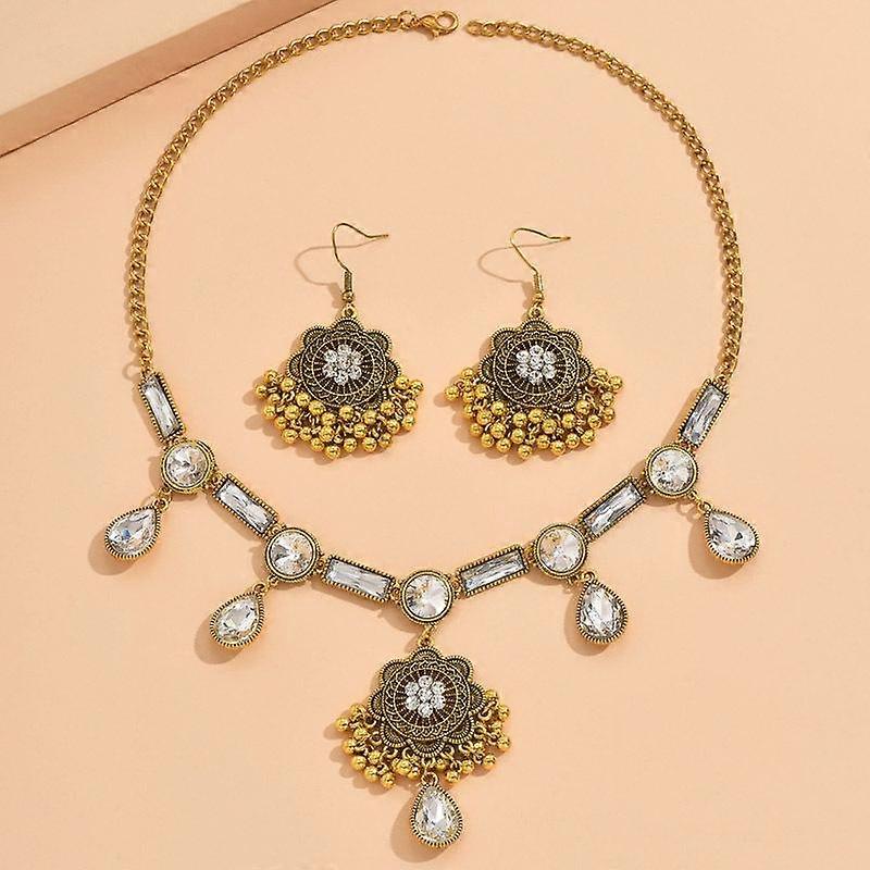 Retro Ethnic Feng Shui Drop Pendant Jewelry Set Dinner Party Luxury Small Flower Earrings Rectangular Necklace Women