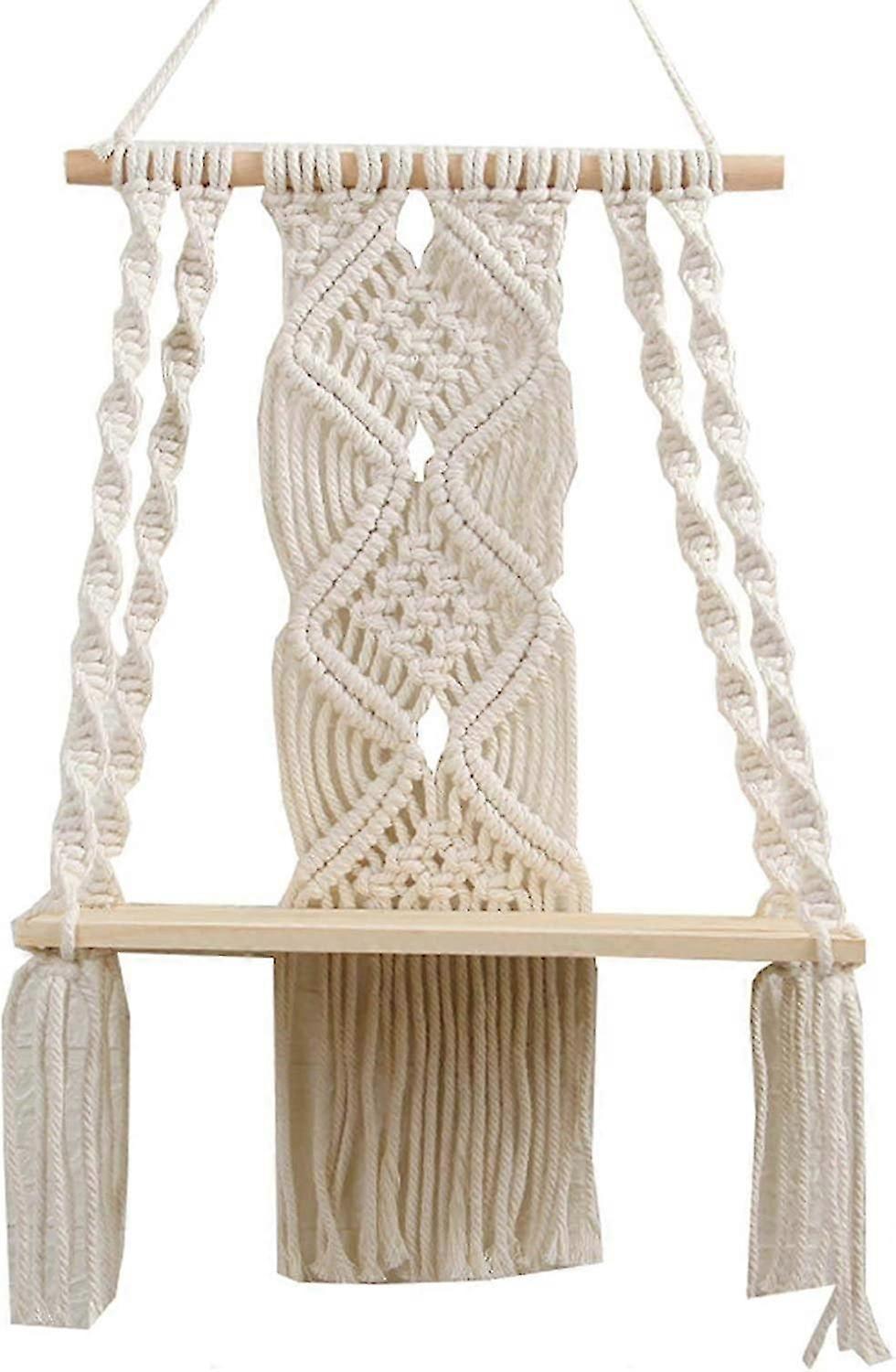 Wall Shelf, Hand Woven Wall Mounted Bohemian Macrame Tapestry, with Wooden Shelf 30x50cm