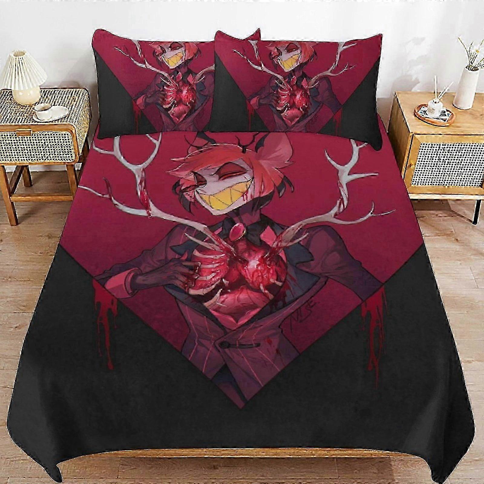 v2166 Lençóis Hazbin Hotel Helluva Boss Conjunto de Cama Capa de Edredão Confortável e Leve Cartoon Bedding3 Peça (1 Capa de Edredão e 2 Fronhas