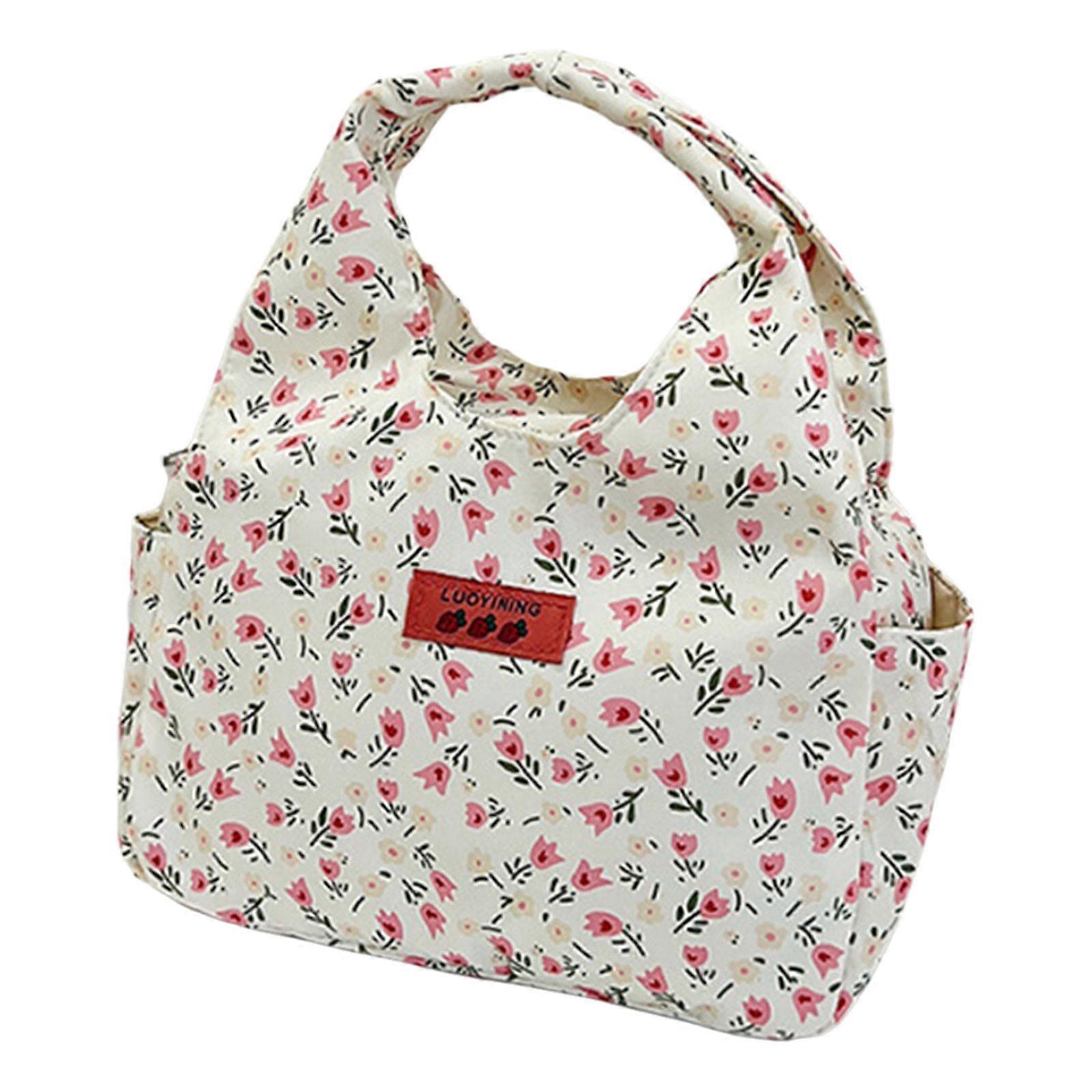 Elegant Flower Pattern Carry Bag Multipurpose Nylon Handbag Multi Pockets Lunch Bag for Women Daily Commute and Casual