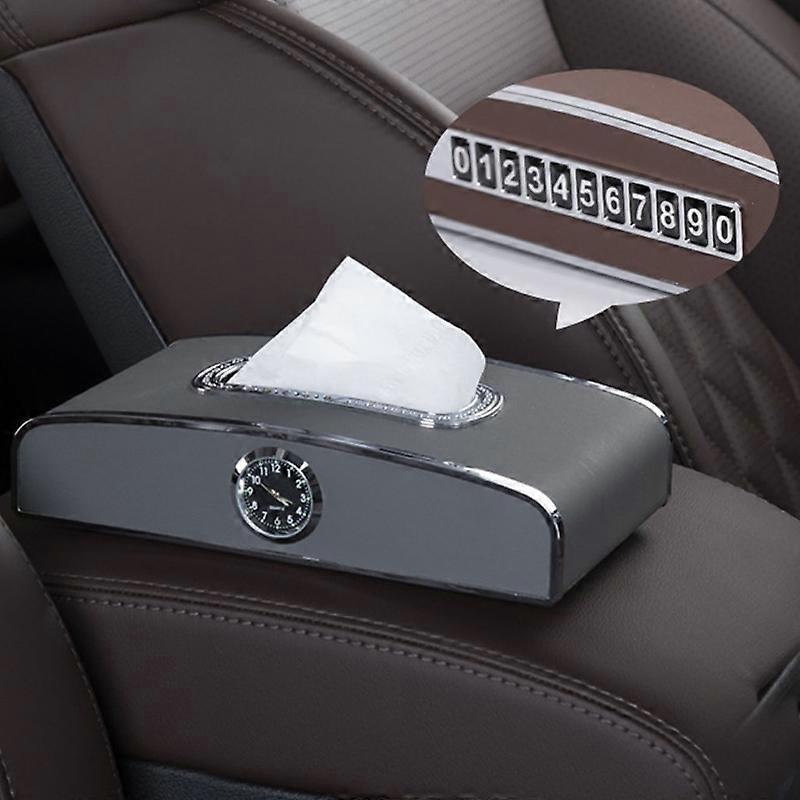 Car Clock Tissue Box Multi-Function Vehicle Instrument Table Paper Towel Box, Style: Clock+Parking Card (Gray)