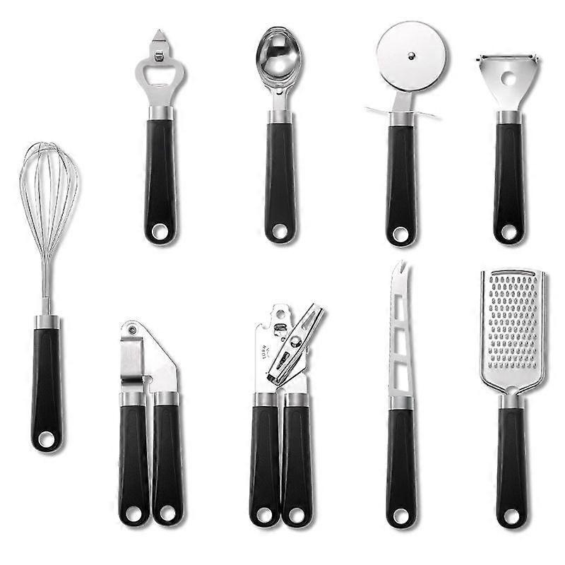 Apple Peeler Cheese Cutter Plastic Handle Bottle Opener Small Kitchen Hardware Tool Set (Black Nine-Piece Set)