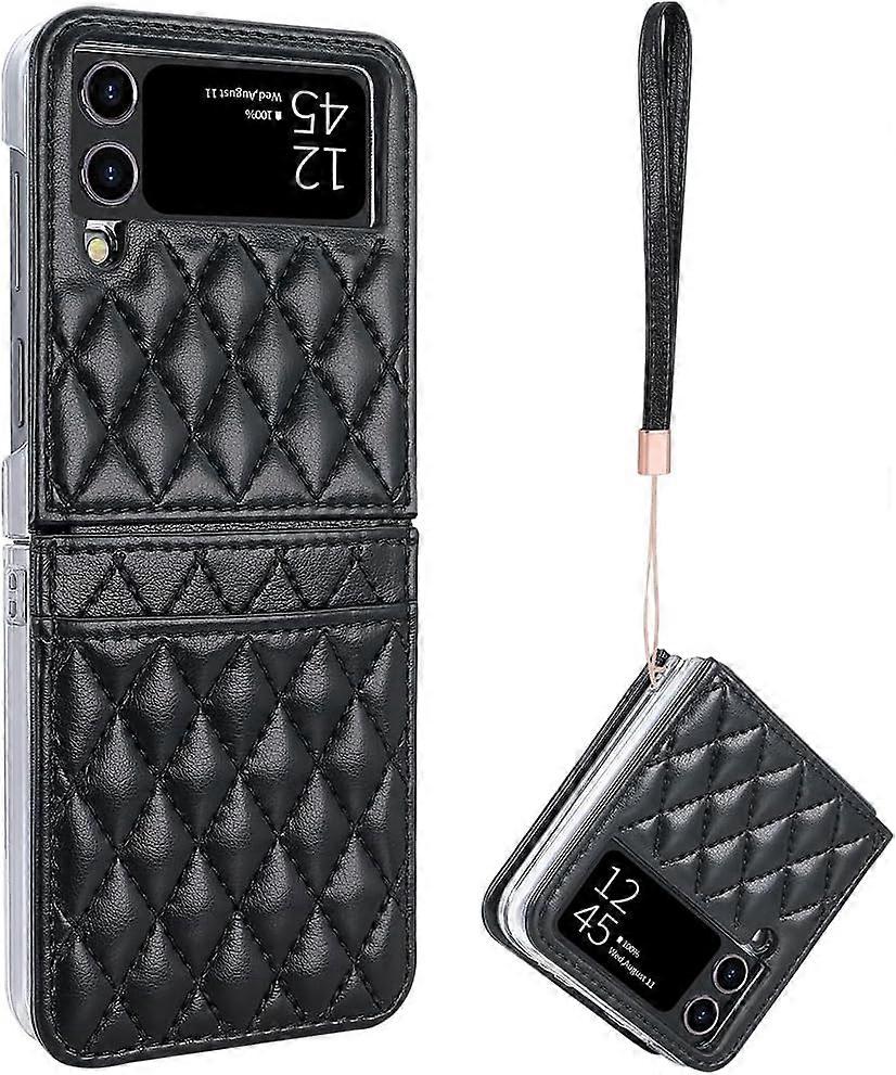 for Samsung Galaxy Z Flip 6/5/4 Case Elastic Hinge Protection Soft PU Leather Short Lanyard Diamond Look Soft Touch Skin-Friendly Drop-Proof