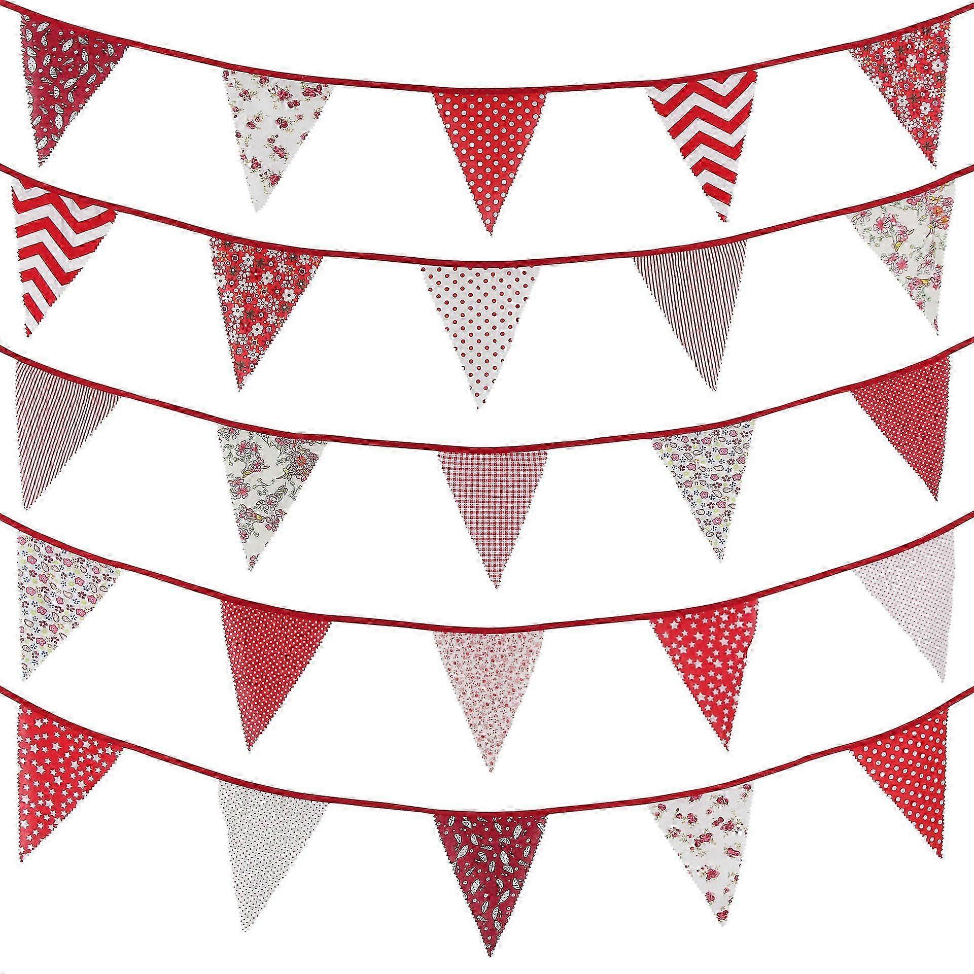 40フィートファブリックバンティングバナーレッドフローラルヴィンテージバンティングフラッグ再利用可能なコットントライアングルフラッグガーランドガーデンウェディングベビーシャワー用42pcsペナント