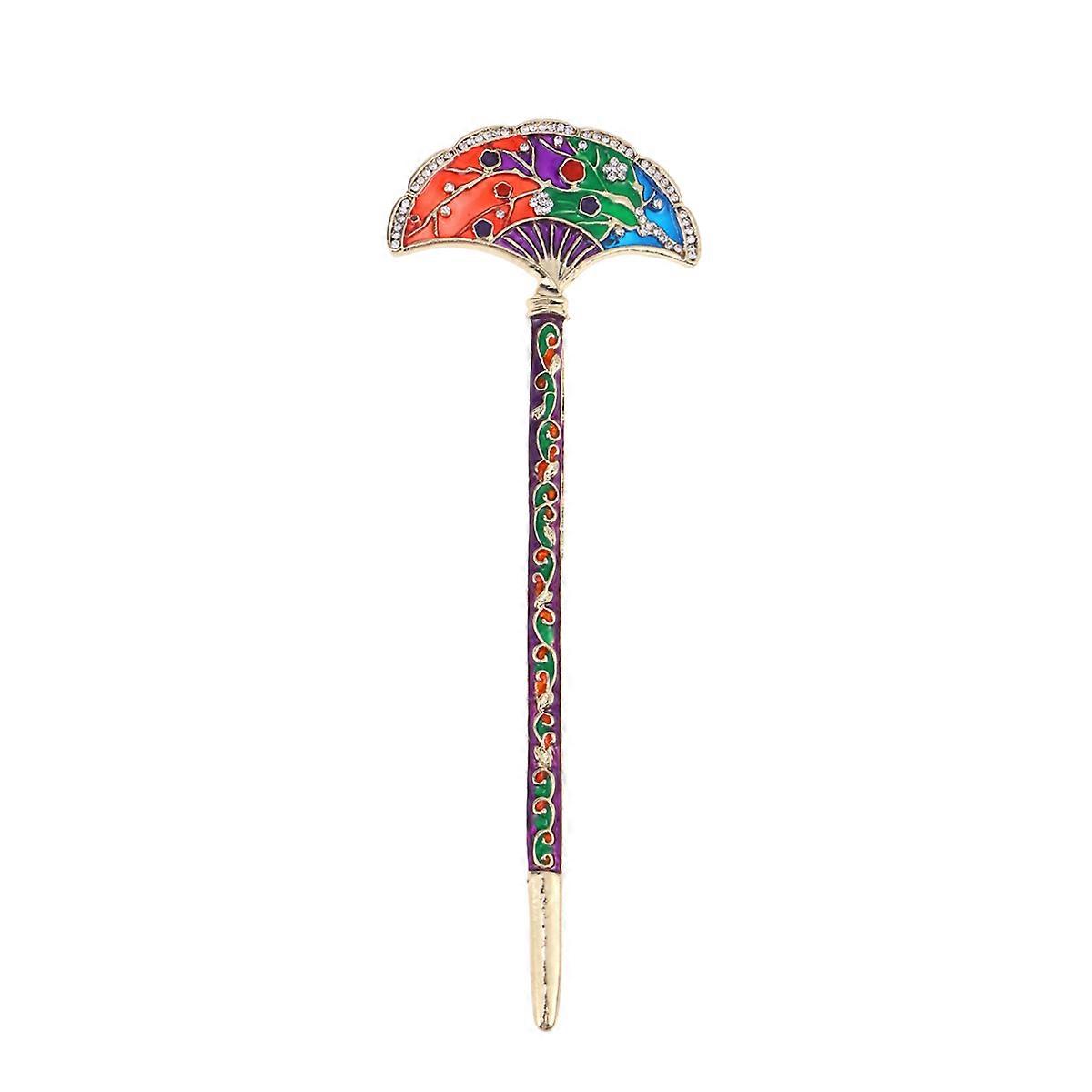 Chinese Hair Pin Ancient Style Fan Shaped Floral Printed Hair Sticks for Women Random Color 1Pack