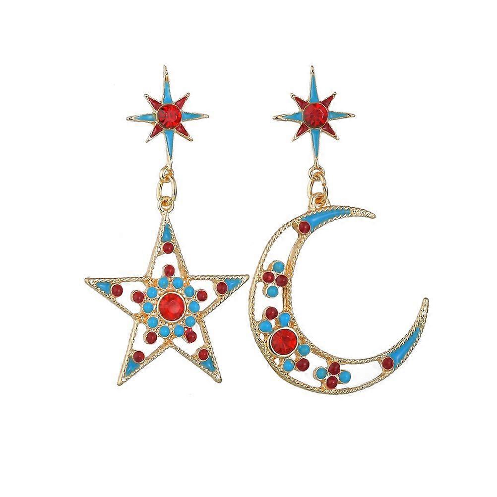 Ear Studs for Women Ethnic Style Asymmetric Moon Star Assorted Color 5.3*4*0.5cm Durable 1 Pair