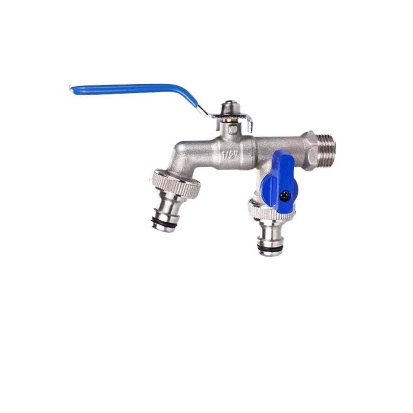"Blauer Griff Doppelkopf Wasserhahn 1 Einlass 2 Auslass 1/2 Zoll Messing für Waschmaschine Garten Outdoor"
