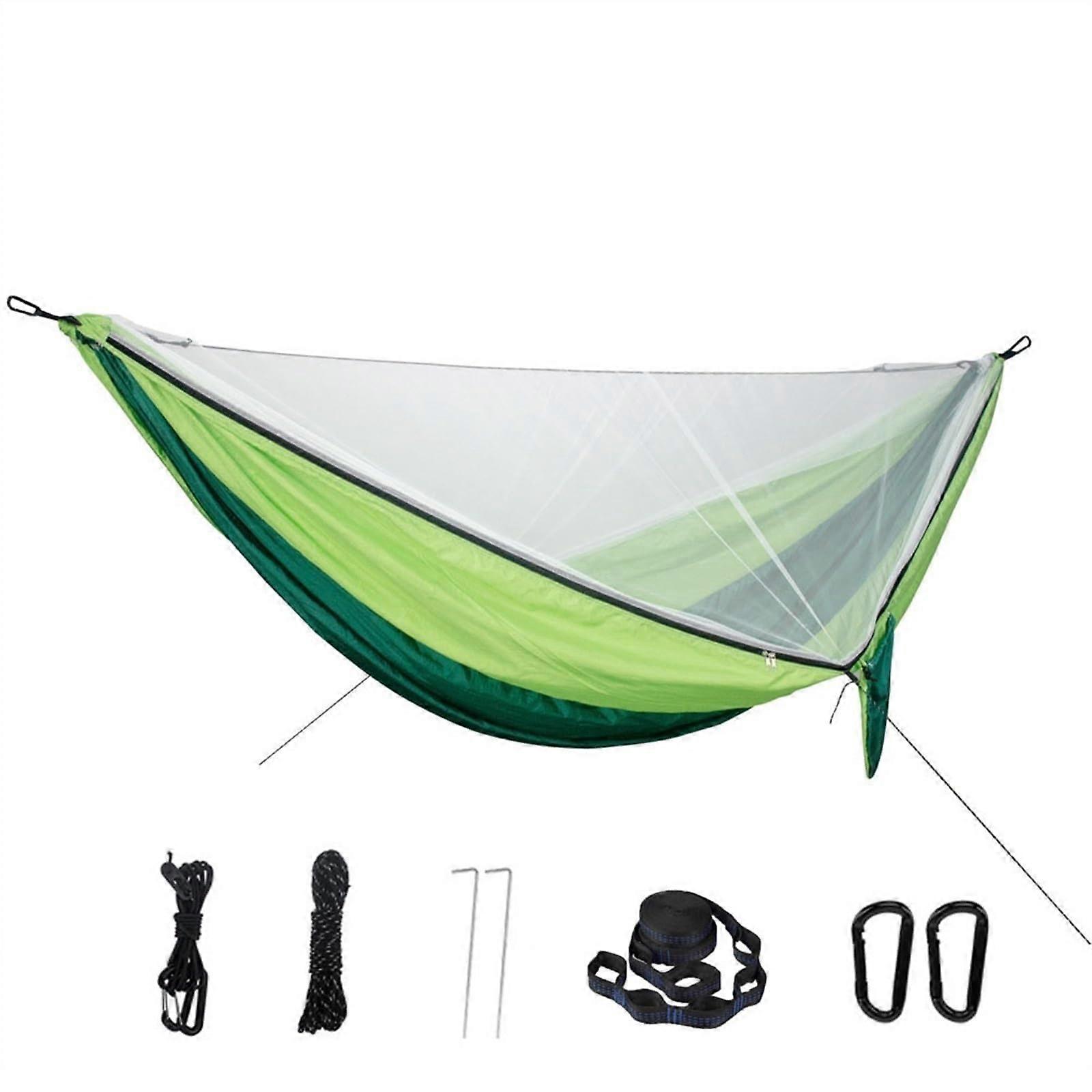 Outdoor Double Person Mosquito Net Hammock 290 x 140 cm with 2 Tree Straps Portable Camping Travel Hammock Dark Green