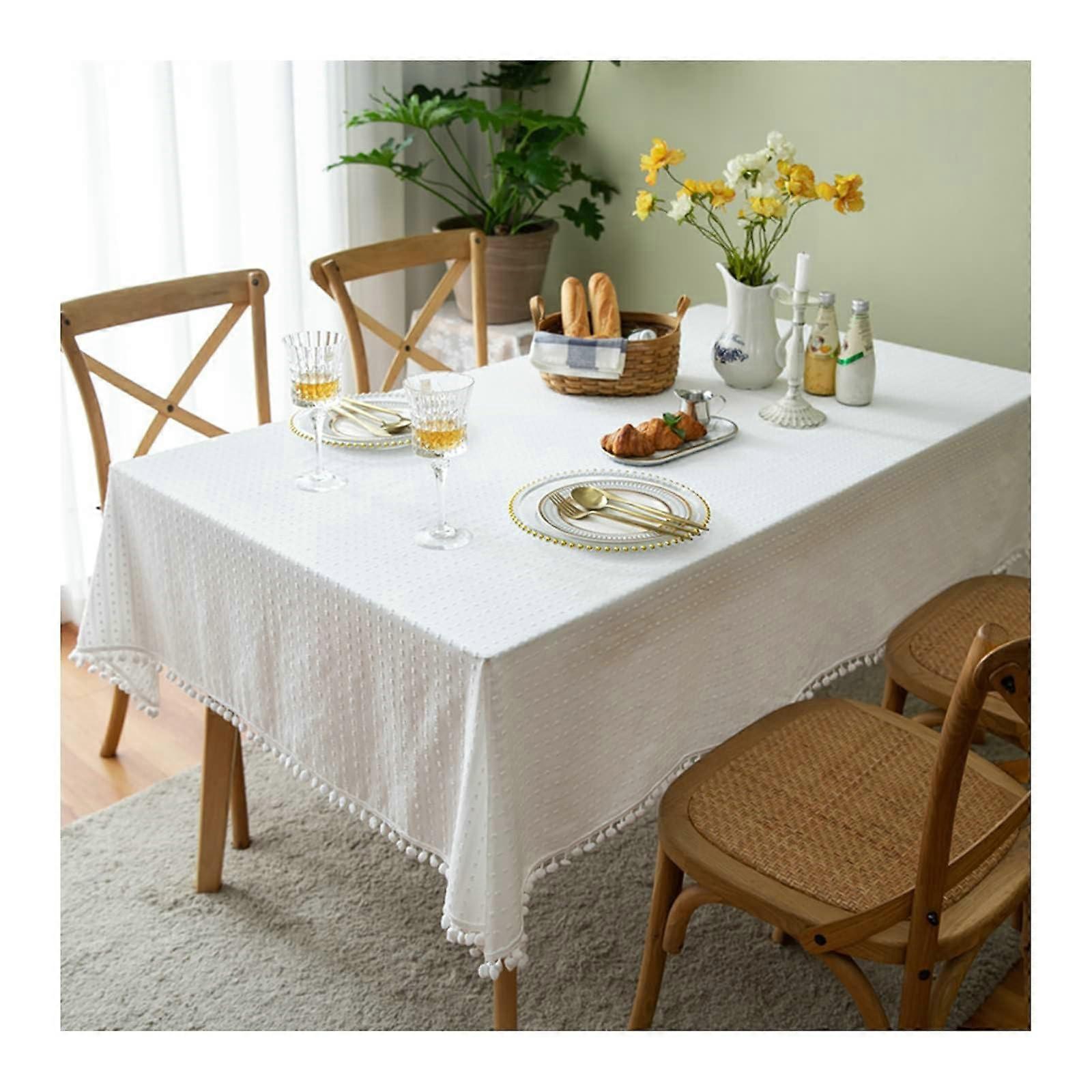 Rectangular Tablecloth, 90 x 140 cm, Cotton Tablecloths, Washable, Plain with Tassels, Tablecloths for Glass Table, White 90x140CM