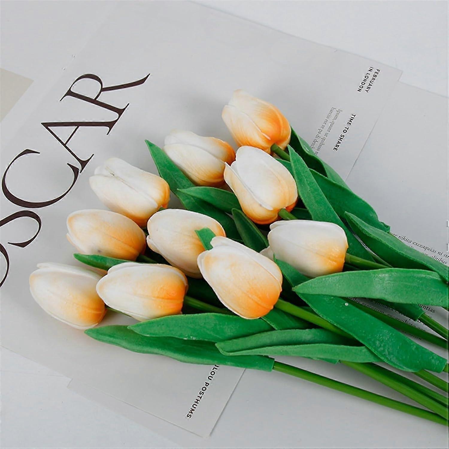 ZENGO 10 Heads Home Decor Mini Tulip Real Touch Tulip Artificial Flowers Bouquets (Color : Light Champagne, Size : 35CM)
