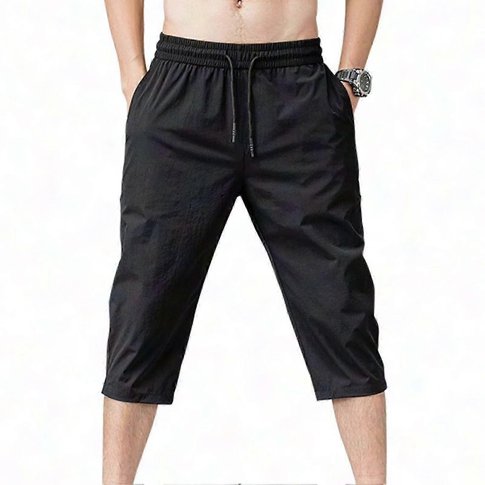 Men's Casual 3/4 Length Cropped Trousers with Elastic Waist and Drawstring