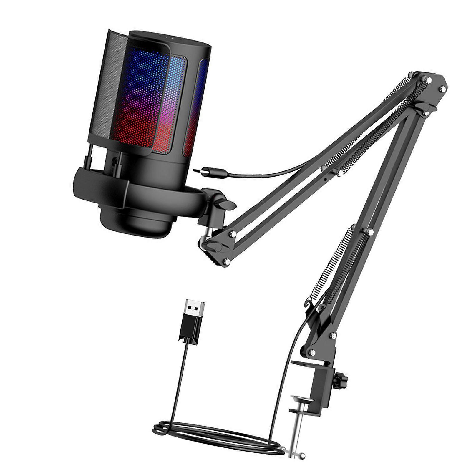Gaming USB Microphone 30Hz~16kHz Frequency for PC with Boom Arm and LED Lighting for Immersive Streaming Experience  Black