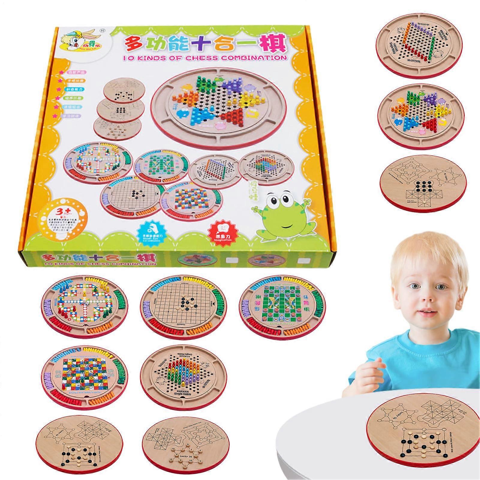 Checkers and Chess Board Game Set 10in1 Multifunctional Wooden Toy