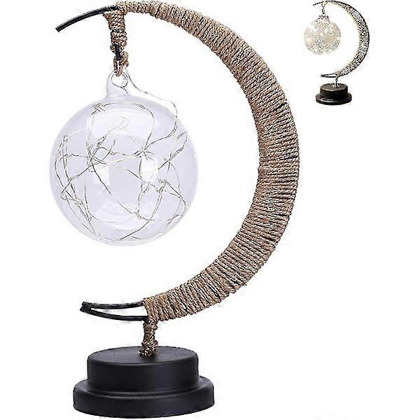 Enchanted Moon Lamp, LED Star Moon Lamp Hanging Moon Lamp Memory Night Light Galaxy Lamp, Metal Frame Handmade Hemp Rope Sepak Takraw Lamp for Hom