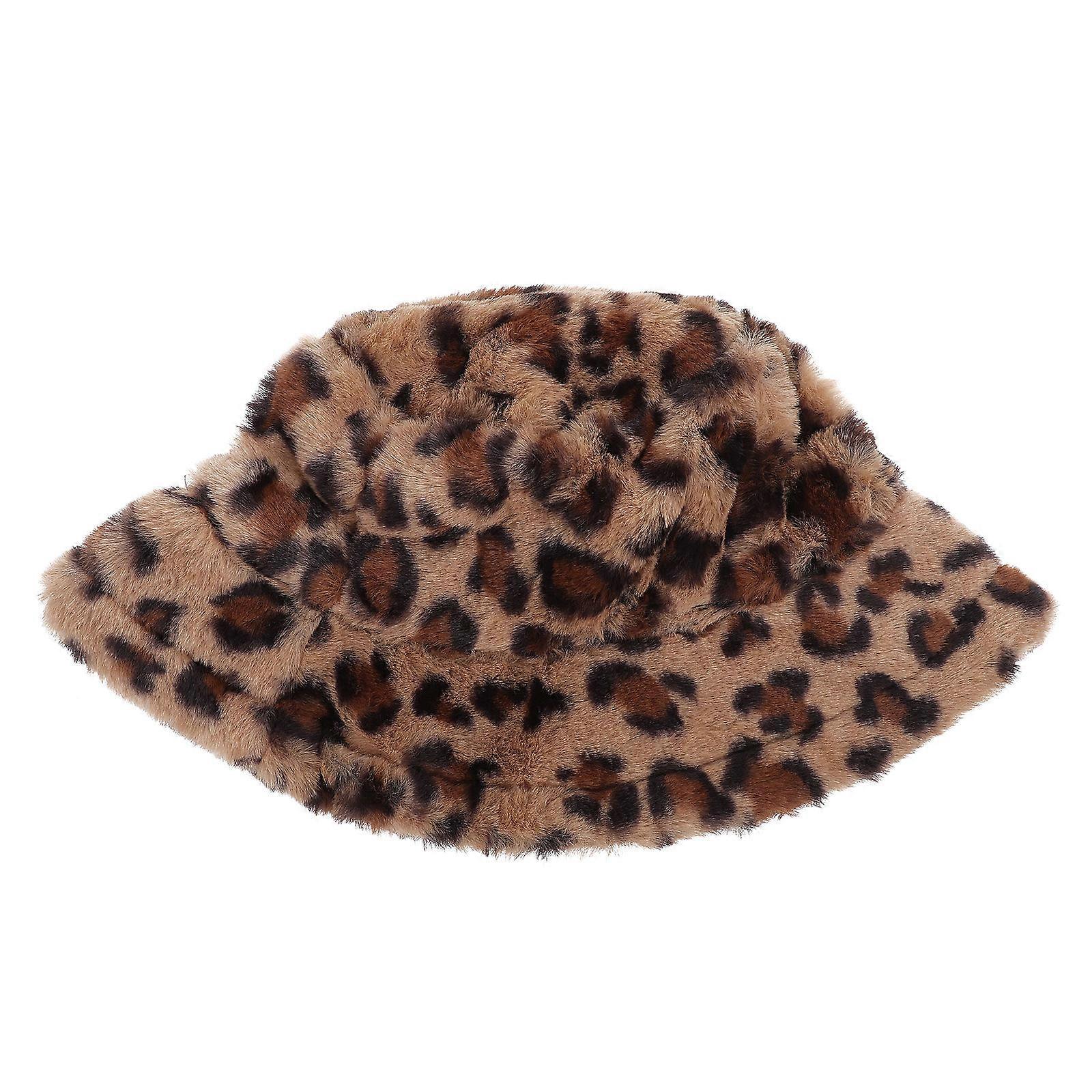 Plush Leopard Fisherman Hat for Wearing Warm and Lightweight Brown Size One Size Fits All