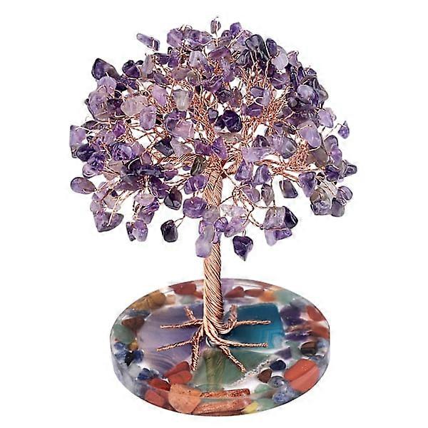 Copper Amethyst Crystal Tree with Orgone Agate Base, Feng Shui Crystal Decoration for Luck & Prosperity, Purple