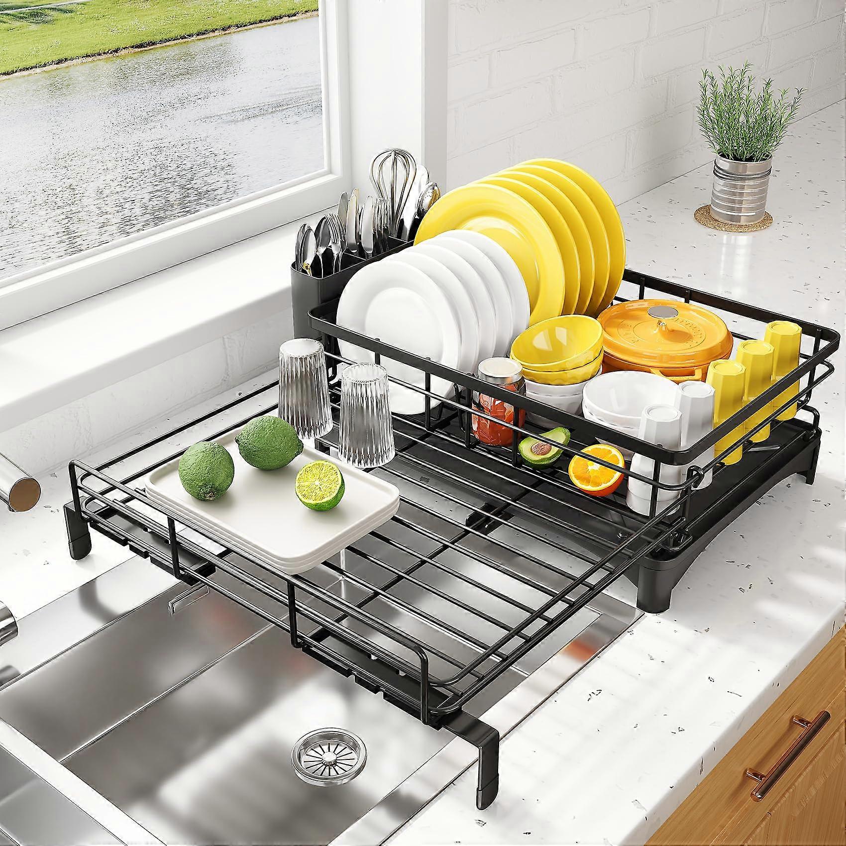 Dish Drainer Rack, Expandable Dish Drying Rack with Cutlery Holder and Swivel Drainage Spout, Dish Rack for Kitchen Counter and Sink, Black