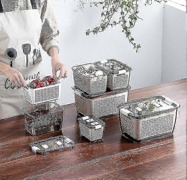 Fresh Produce Storage Containers with Draining Strainers for Refrigerator Crisper Drawers