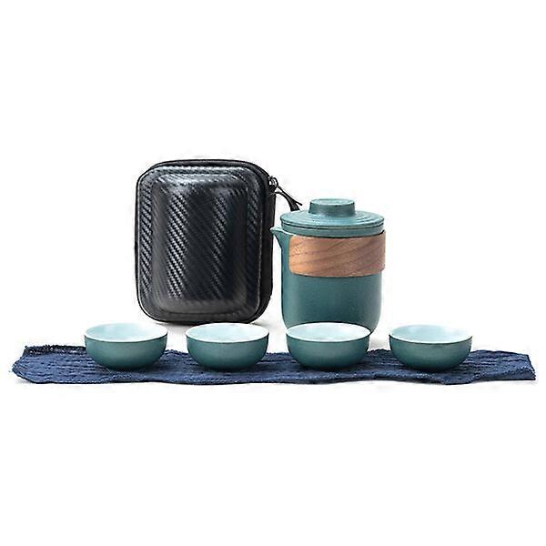 Portable tea set, ceramic, with solid wood handle for heat insulation and anti-scalding