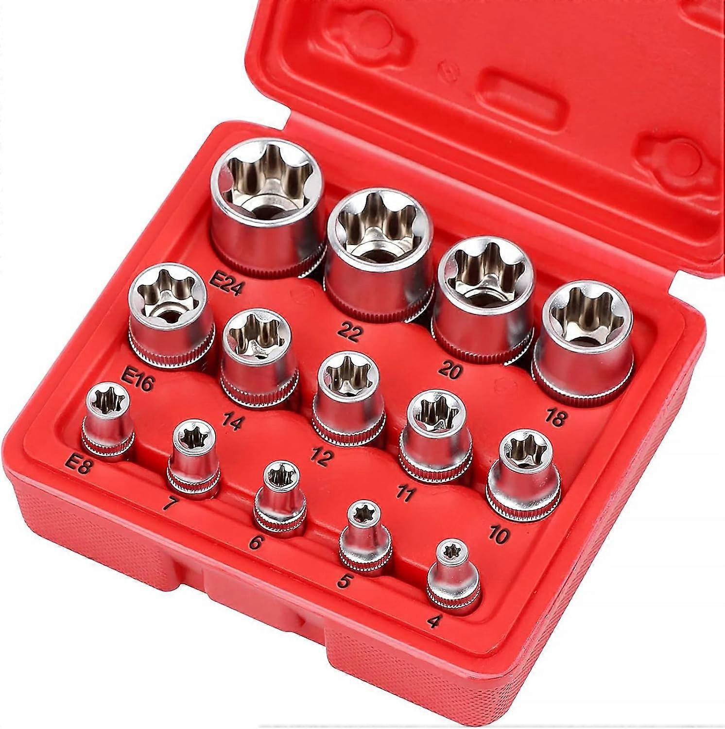 External Torx Sockets 14-Piece Socket Set - Premium Female Torx Socket Set  Ultimate Torque Star Sockets  E4 E5 E6 E7 E8 E10 E11 E12 E14 E16 E18 E20