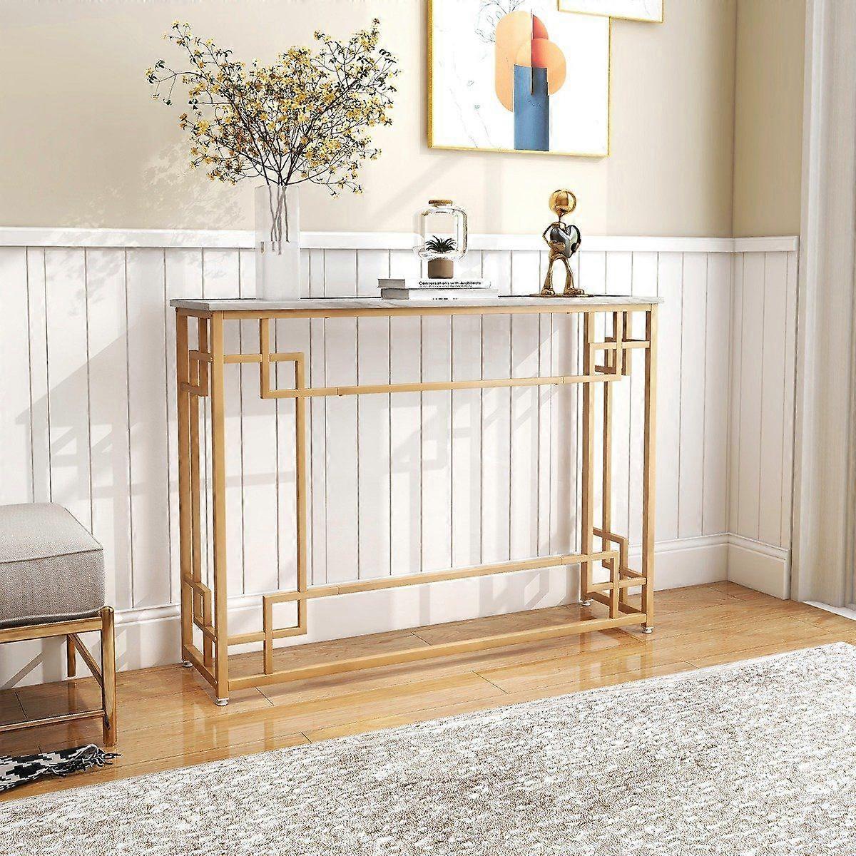 Console table with marble & geometric metal frame Entrance table narrow golden