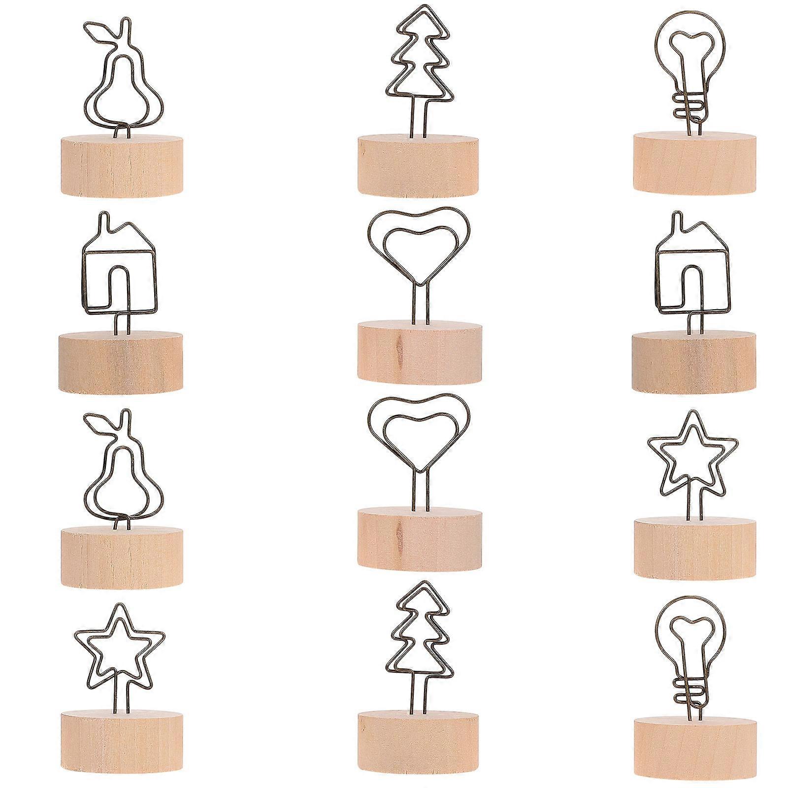 Desktop Memo Clip with Base for Home Use 12Pcs Wooden Note Holder