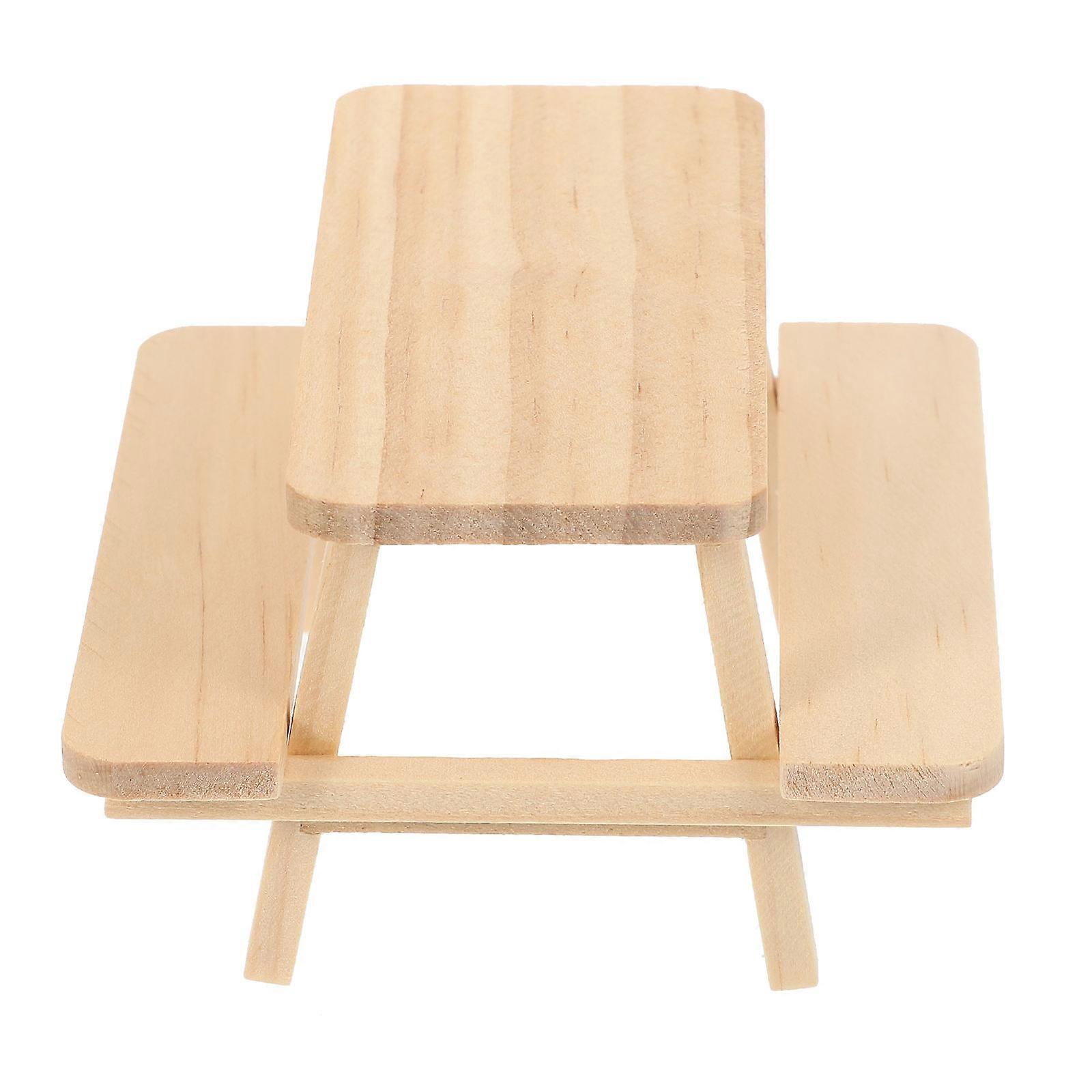 Mini Picnic Table Prop Doll House Model with 3Pcs Wooden Furniture Set