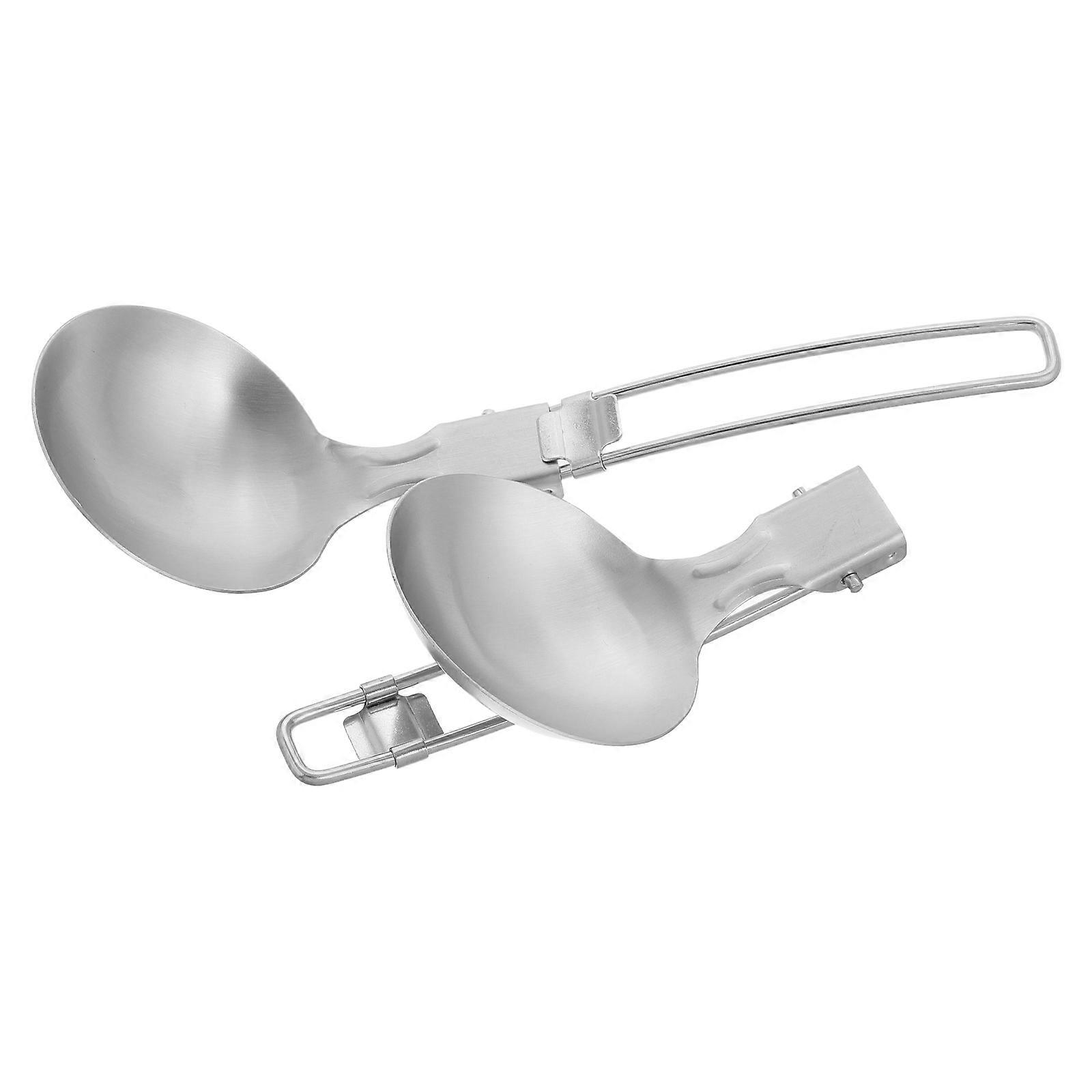 Folding Cooking Utensil Stainless Steel Soup Spoon Ideal For Outdoor Enthusiasts Mini Size In Silver Color Perfect For Picnics 2Pcs