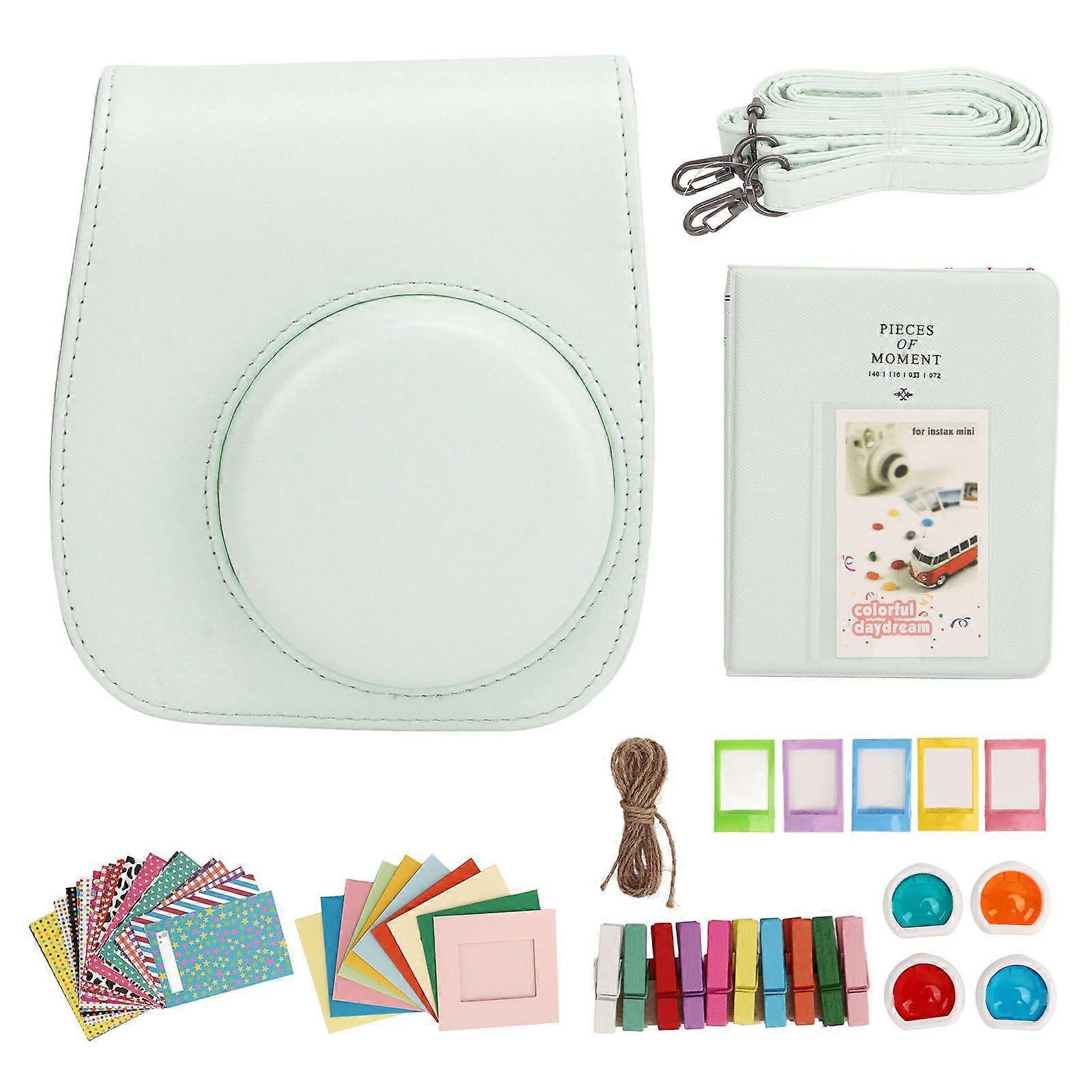 Mini Instant Camera Protective Bag PU Case for Fujifilm Instax Mini 12 with Album Filters Colorful Hanging Frames Stickers Green