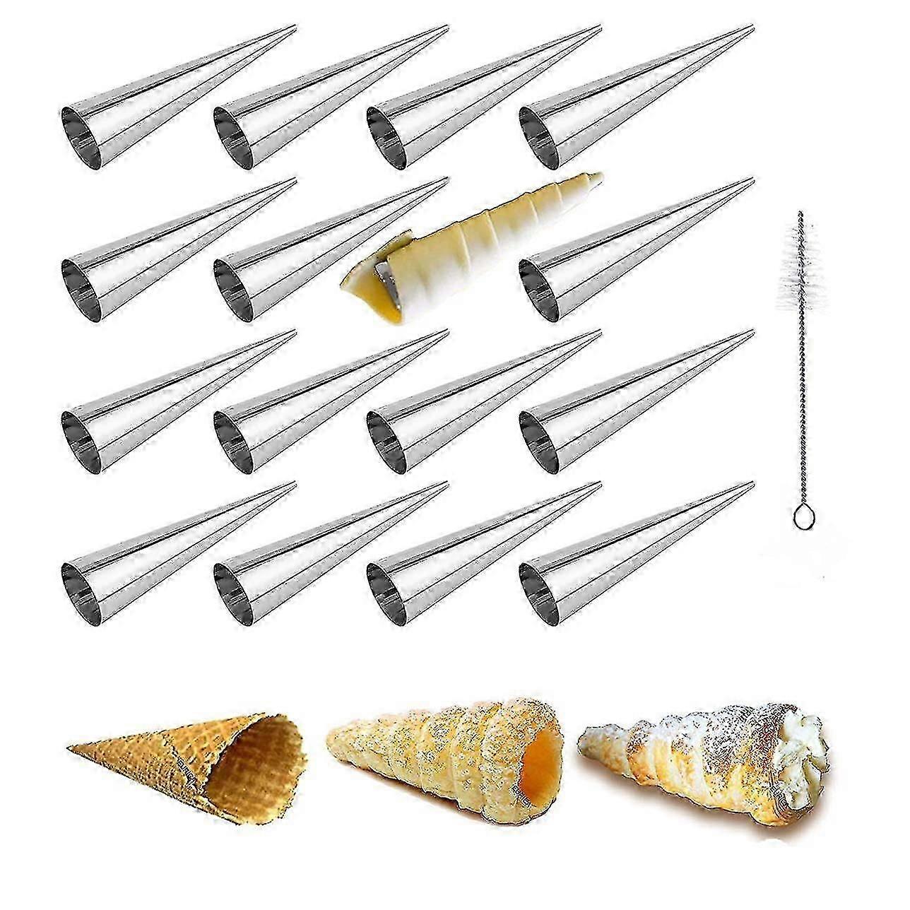 16 قطعة قوالب قرن كريم مع فرشاة تنظيف ، أسطوانة مخروطية من الفولاذ المقاوم للصدأ أشكال Cannoli قالب لخبز Cannoli Shell ، حجم كبير 5 بوصات