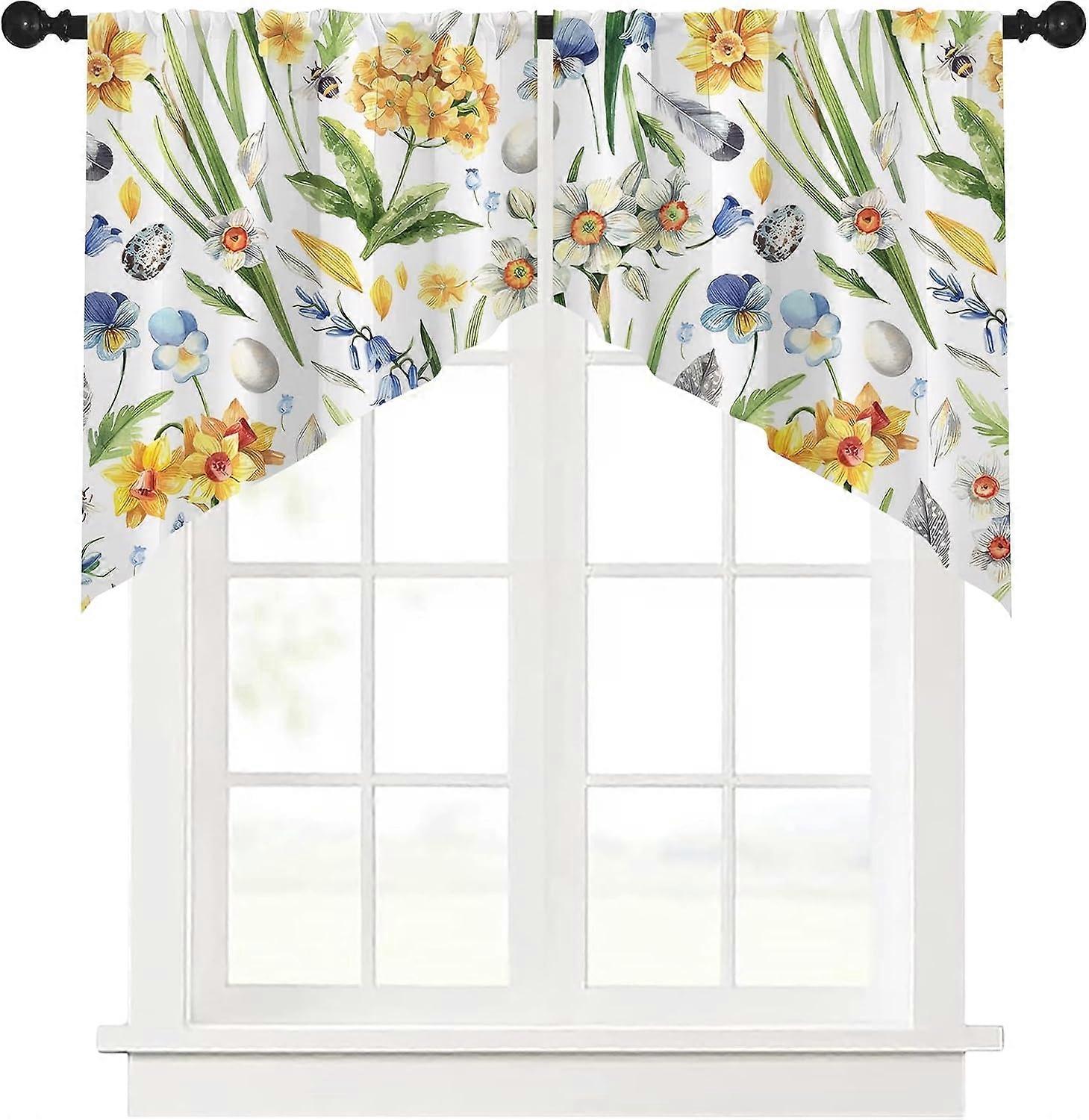 2 Pcs Floral Curtains Light Filtering Short Triangular Curtains Cafe