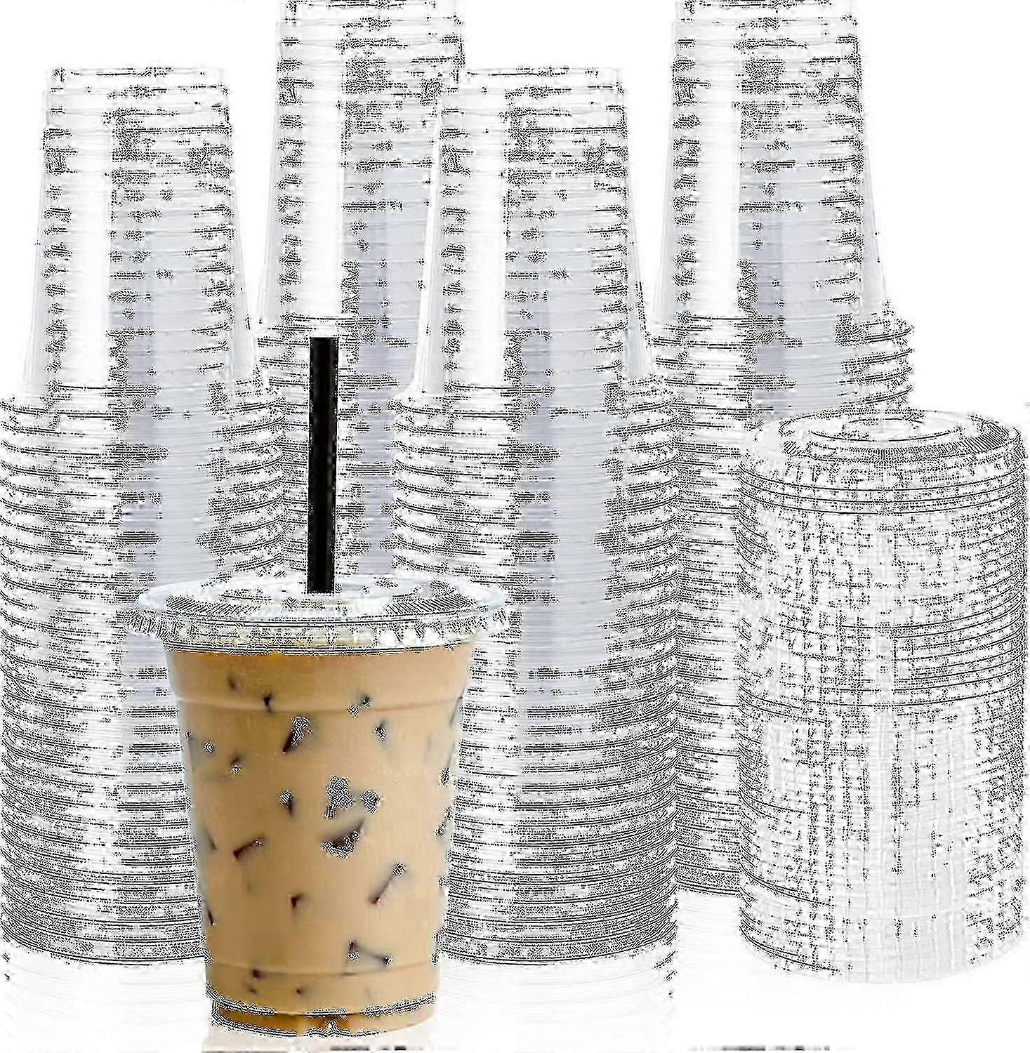 100 Sets Of 12oz Clear Plastic Cups With Flat Lids - Disposable Drinking Cups For Ice Coffee, Smoothie, Slurpee, Or Cold Drinks miao7