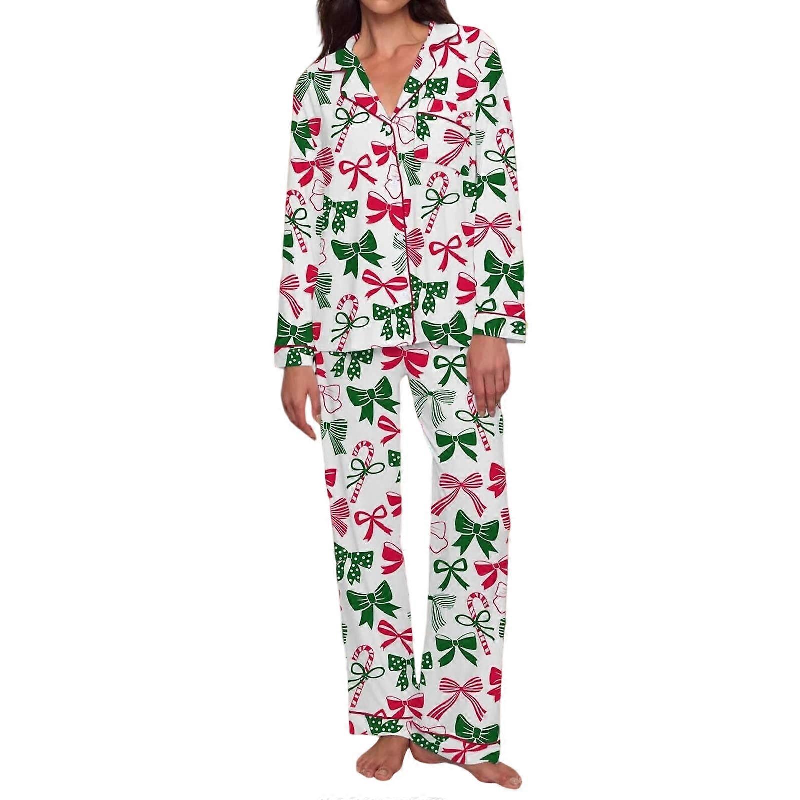 Women's Holiday Pajamas Collection Button Closure Shirt and Comfortable Waist Pants Suitable for Various Occasion  白色蝴蝶结 XL