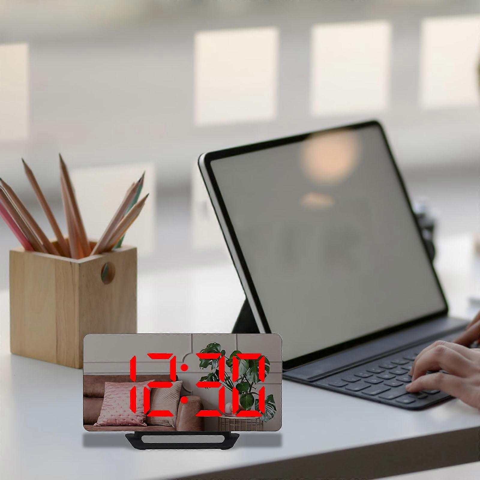 Digital Alarm Clock with Large Screen LED Display with Makeup Mirror 3 Brightness USB Charging, Digital Thermometer