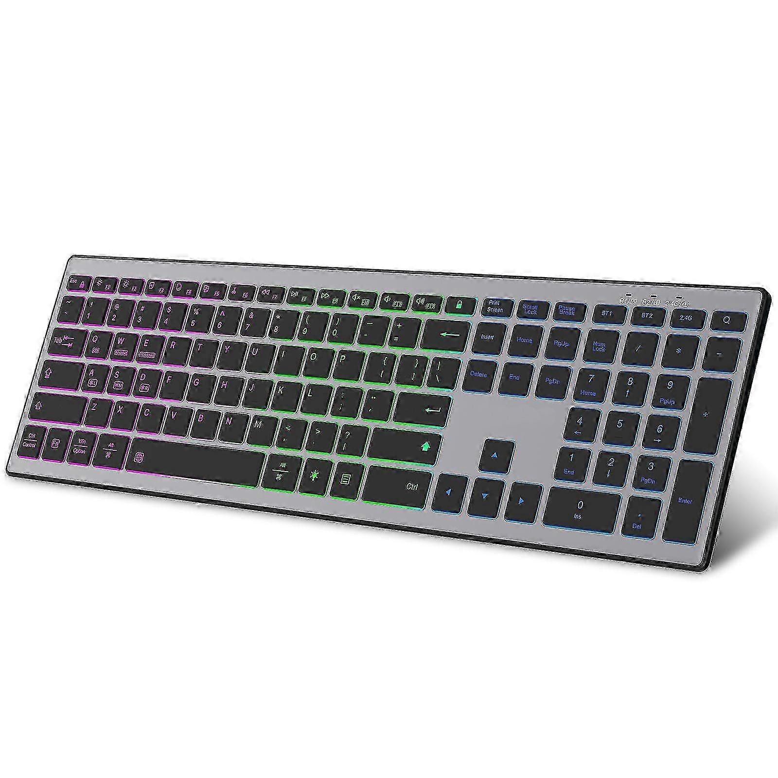 f Full Size Wireless Bluetooth Keyboard Rechargeable,Multi-Device,Silent Click,RGB Backlight