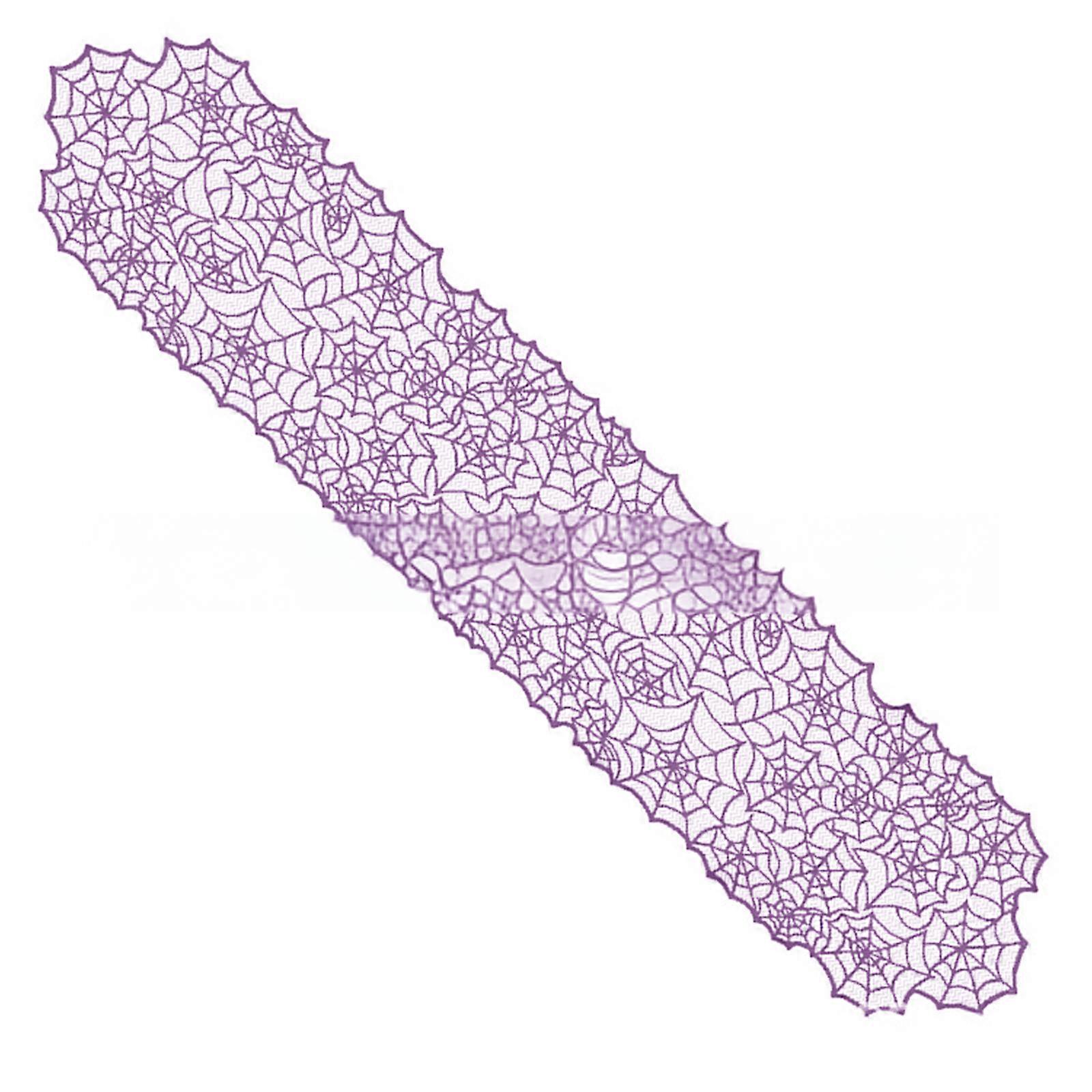 Festival Halloween Dining Table Runner, Lace Cobweb Pattern Polyester Tablecloth Eye Catching & Smooth  Purple