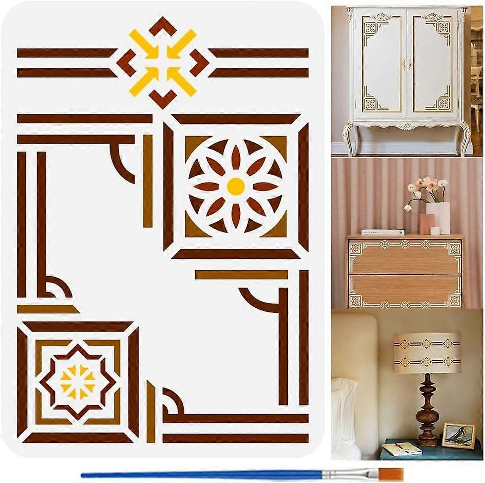 Geometric Pattern Border Painting Stencils with Brush 8.3x11.7inch Plastic PET Geometry Flower Pattern Drawing Template Decorative Hollowed Daily Them