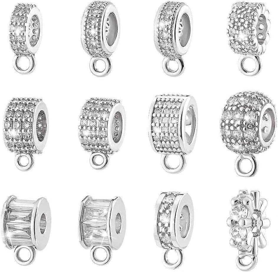 12 Styles Spacer Bail Bead Hanger Silver Rhinestone Bail Beads with Charm Loop Cubic Zirconia Bails Connectors for European Necklace Bracelet Pendant 