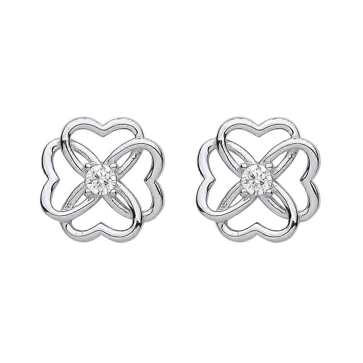 Jewelco London Ladies Rhodium Plated Sterling Silver CZ Love Heart Flower Knot 4 Leaf Clover Stud Earrings