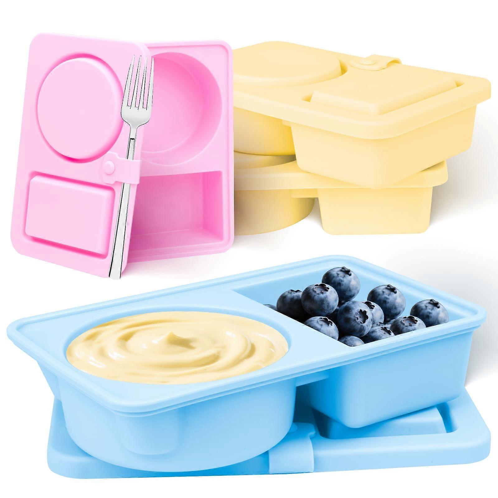 4Pack Reusable Snack Containers with Leakproof Silicone Lids, DualSection Lunch Boxes, Yellow+Blue+Pink