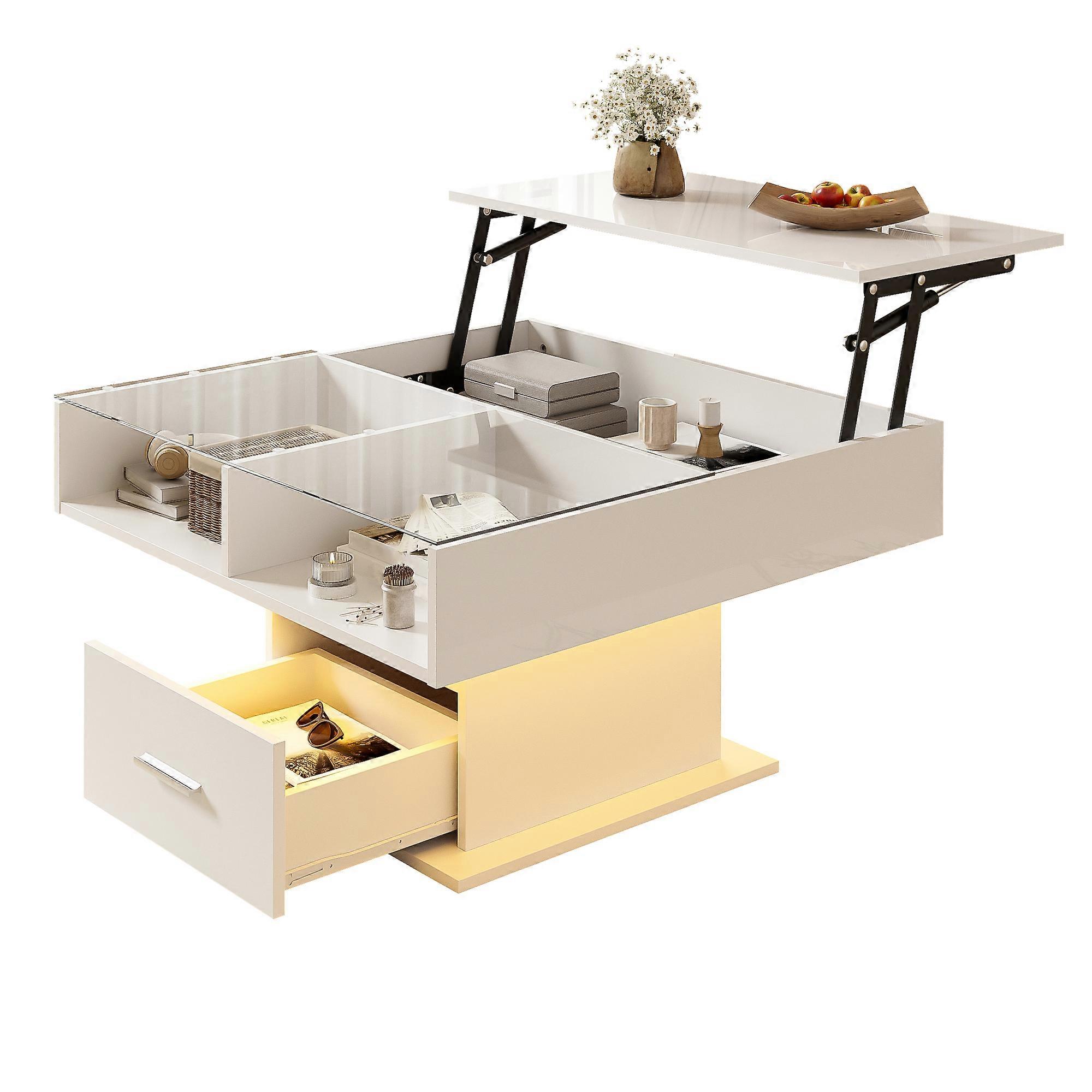 Multifunctional LED Lift-Top Coffee Table, Adjustable Height Table with Hidden Storage & App Control