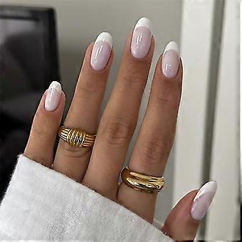 French Press on Nails Medium Almond Fake Nails Milky White Nails Press ons with Design Full Cover Stick on Nails for Women French Manicure,Reusable |