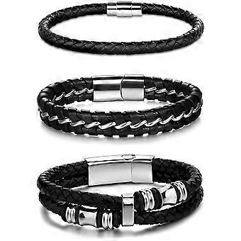 KATEA 3 stuks roestvrij staal gevlochten lederen armband voor mannen vrouwen lederen polsbandje manchet bangle armband magnetische sluiting 7,5-8,5 inch