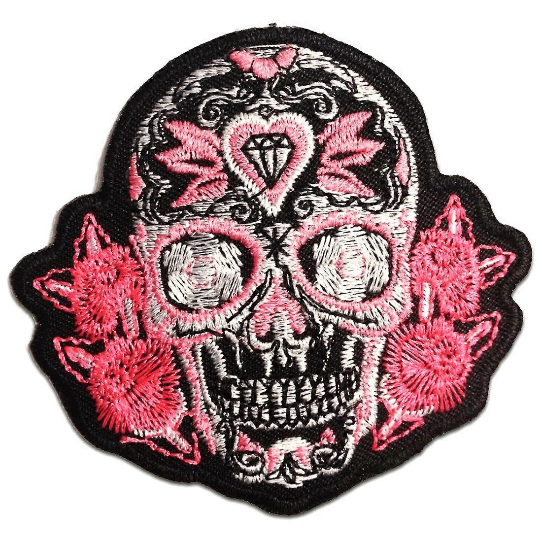 Patch - Skull Biker - rosa - 8,5 x 7,8 cm - Strykeplaster